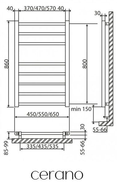 CERANO - Elektrický sušiak uterákov Domenico - 128 W - biela lesklá - 860x550 mm