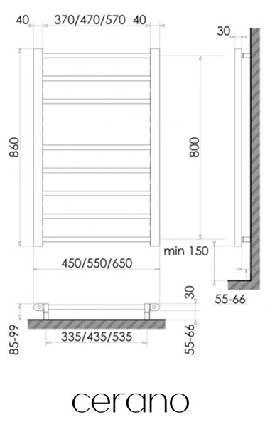 CERANO - Elektrický sušiak uterákov Luca, s displejom - 128 W - biela lesklá - 860x550 mm