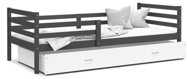 Detská posteľ RACEK P1 COLOR s vysokou zábranou + matrac + rošt ZADARMO, 184x80 cm, korpus šedý/zásuvka biela