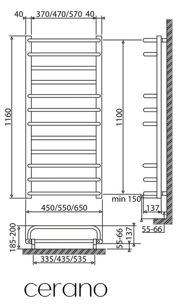 CERANO - Elektrický sušiak uterákov Ricardo - 187 W - čierna matná - 1160x550 mm