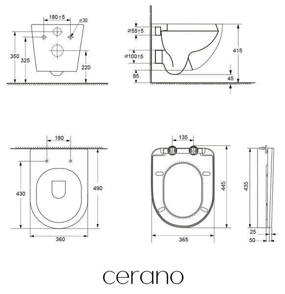 CERANO - Kompletný podomietkový WC set Lite/Cesso - biela matná - WC tlačidlo Duo, čierna matná - predstenová inštalácia - 49x36 cm