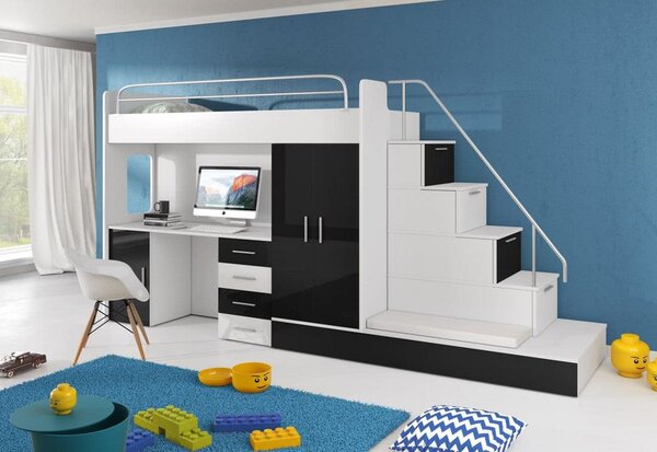 Detská poschodová posteľ DARCY V P1 COLOR, 80x200 cm, univerzálna orientácia, biela/čierny lesk