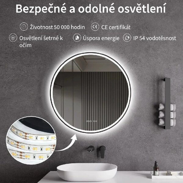CERANO - Kúpeľňové LED zrkadlo Rivo, kovový rám - čierna matná - Ø 60 cm