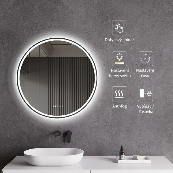 CERANO - Kúpeľňové LED zrkadlo Rivo, kovový rám - čierna matná - Ø 60 cm