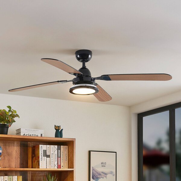 Lucande Stropný ventilátor LED Tedric, čierny, tichý, 133 cm, Čierna, Obývacia izba / jedáleň, kov, Vintage