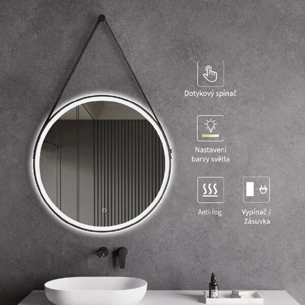 CERANO - Kúpeľňové LED zrkadlo Rotondo, kovový rám - čierna matná - Ø 60 cm
