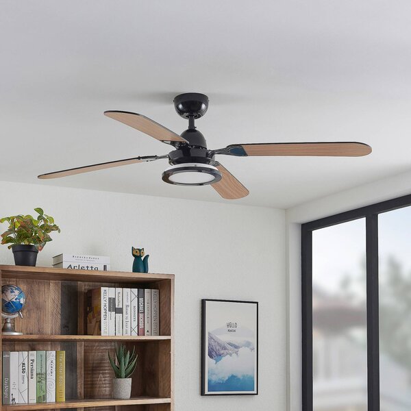 Lucande Stropný ventilátor LED Tedric, čierny, tichý, 133 cm, Čierna, Obývacia izba / jedáleň, kov, Vintage