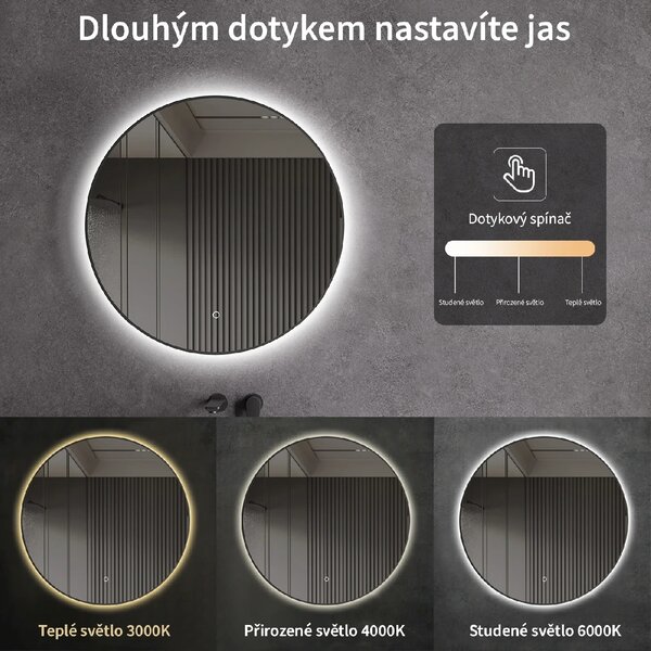 CERANO - Kúpeľňové LED zrkadlo Velo, kovový rám - čierna matná - Ø 60 cm