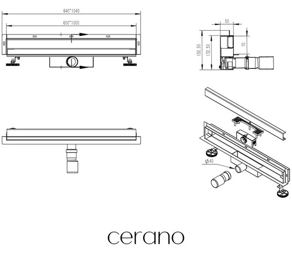 CERANO - Sprchový odtokový žľab k stene, sifón - nerez - DN40 - čierna matná - 64 cm