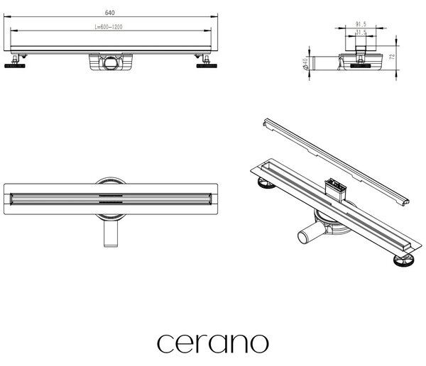 CERANO - Sprchový odtokový žľab Slim, sifón otočný 360 ° - nerez - DN40 - 64 cm
