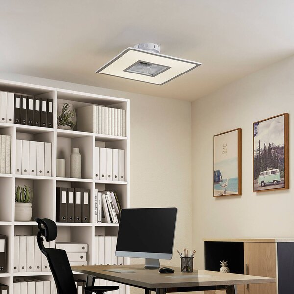 Lindby LED stropný ventilátor Romea, hranatý, DC, tichý, 60 cm, Hliník / sivá / zinok, Obývacia izba / jedáleň, Plast, Moderný, Stropné svetlo