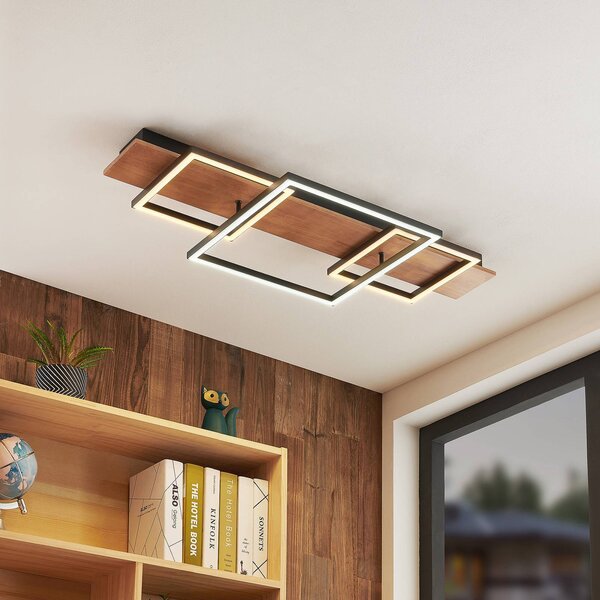 Stropné svietidlo Lucande LED Chariska, 95 cm, čierna, drevo,, Tmavé drevo, Obývacia izba / jedáleň, Drevo, Moderný, Stropné svetlo