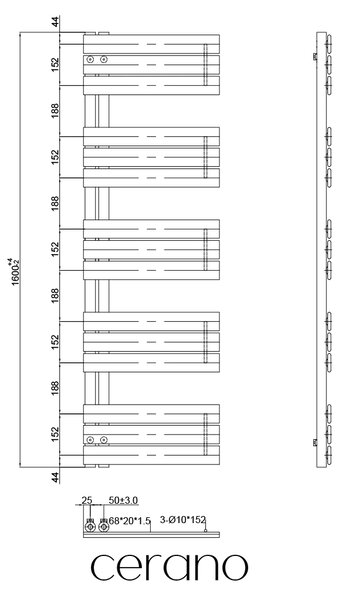 CERANO - Kúpeľňový radiátor Theo - L/P - asymetrické pripojenie 50mm - 812W - čierna matná - 1600x500 mm