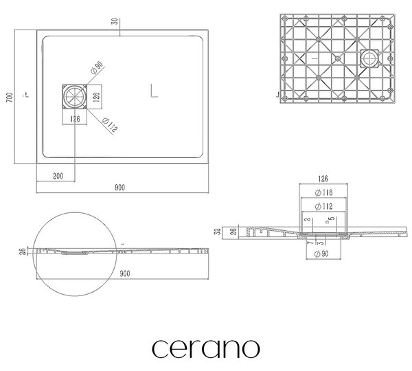CERANO - Sprchová vanička obdĺžniková Pablo - SMC/minerálny kompozit - štruktúrovaná ivory - 90x70x3 cm