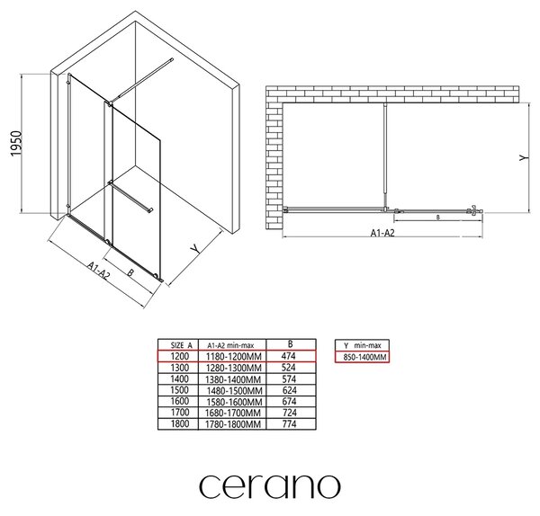 CERANO - Sprchová zástena Walk-in Medin Ľ/P - 8 mm - čierna matná, transparentné sklo - 120x195 cm - dvojdielna posuvná