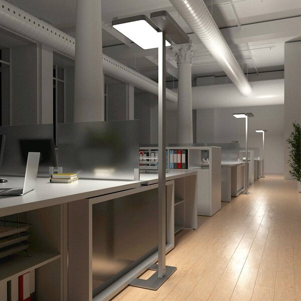 Arcchio Kancelárska stojacia lampa LED Aila, strieborná, senzor denného svetla, Hliník / sivá / zinok, Pracovňa / Kancelária, Hliník, Moderný