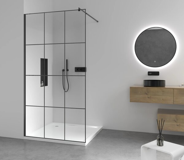 CERANO - Sprchová zástena Walk-in Onyx Round Ľ/P - 8 mm - guľatá vzpera - čierna matná, industriálne sklo - 90x200 cm