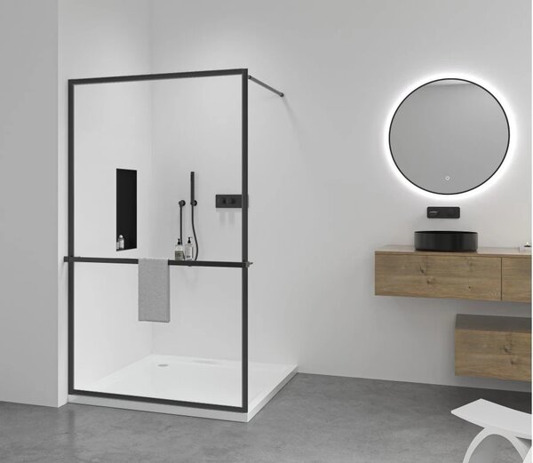 CERANO - Sprchová zástena Walk-in Moreli Ľ/P + polička/držiak na uteráky - čierna matná, transparentné sklo - 60x200 cm