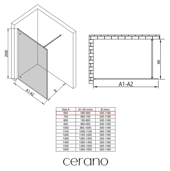 CERANO - Sprchová zástena Walk-in Moreli Ľ/P - 8 mm - čierna matná, transparentné sklo - 60x200 cm