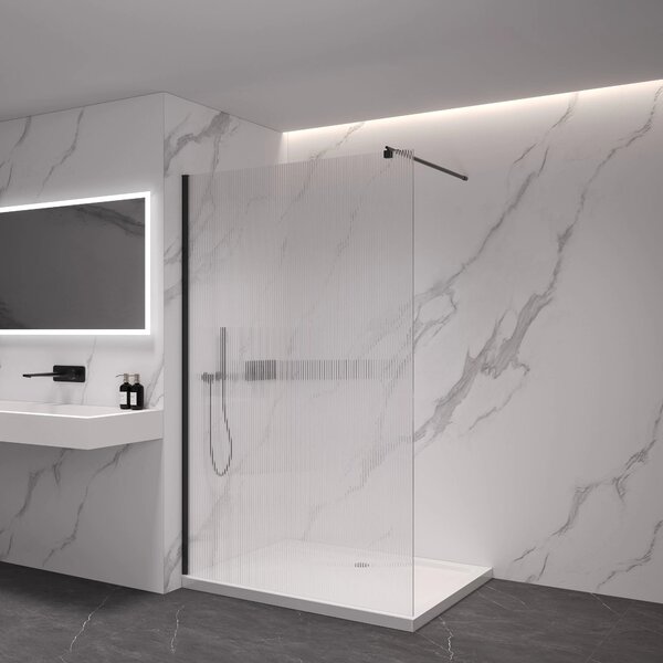 CERANO - Sprchová zástena Walk-in Onyx Round Ľ/P - 8 mm - guľatá vzpera - čierna matná, ryhované sklo - 50x200 cm
