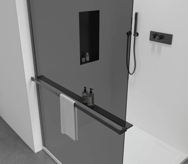 CERANO - Sprchová zástena Walk-in Onyx Round Ľ/P - 8 mm - guľatá vzpera + polička/držiak na uteráky - čierna matná, grafitové sklo - 40x200 cm