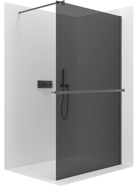 CERANO - Sprchová zástena Walk-in Onyx Round Ľ/P - 8 mm - guľatá vzpera + polička/držiak na uteráky - čierna matná, grafitové sklo - 40x200 cm
