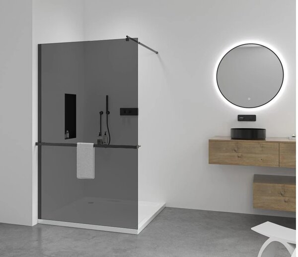 CERANO - Sprchová zástena Walk-in Onyx Round Ľ/P - 8 mm - guľatá vzpera + polička/držiak na uteráky - čierna matná, grafitové sklo - 40x200 cm