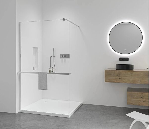 CERANO - Sprchová zástena Walk-in Onyx Round Ľ/P - 8 mm - guľatá vzpera + polička/držiak na uteráky - chróm, transparentné sklo - 30x200 cm