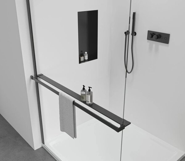 CERANO - Sprchová zástena Walk-in Onyx Round Ľ/P - 8 mm - okrúhla vzpera + polička/držiak na uteráky - čierna matná, transparentné sklo - 40x200 cm