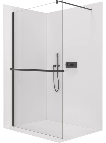 CERANO - Sprchová zástena Walk-in Onyx Round Ľ/P - 8 mm - okrúhla vzpera + polička/držiak na uteráky - čierna matná, transparentné sklo - 40x200 cm