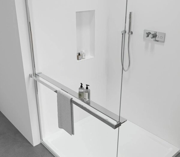 CERANO - Sprchová zástena Walk-in Onyx Round Ľ/P - 8 mm - guľatá vzpera + polička/držiak na uteráky - chróm, transparentné sklo - 30x200 cm