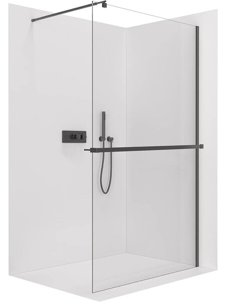 CERANO - Sprchová zástena Walk-in Onyx Round Ľ/P - 8 mm - okrúhla vzpera + polička/držiak na uteráky - čierna matná, transparentné sklo - 40x200 cm
