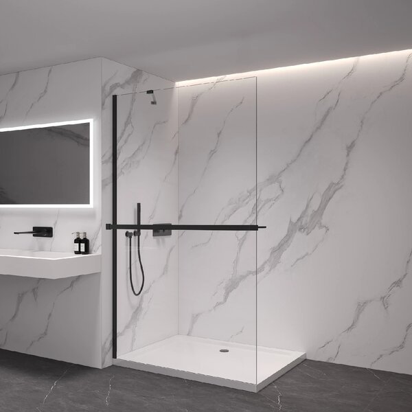 CERANO - Sprchová zástena Walk-in Onyx YL/P - 8 mm - guľatá vzpera + polička/držiak na uteráky - čierna matná, transparentné sklo - 40x200 cm