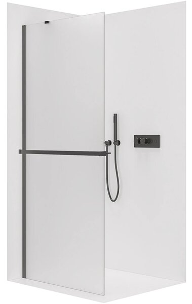 CERANO - Sprchová zástena Walk-in Onyx YL/P - 8 mm - guľatá vzpera + polička/držiak na uteráky - čierna matná, mliečne sklo - 30x200 cm