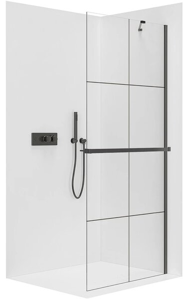 CERANO - Sprchová zástena Walk-in Onyx YL/P - 8 mm + polička/držiak na uteráky - čierna matná, industriálne sklo - 90x200 cm