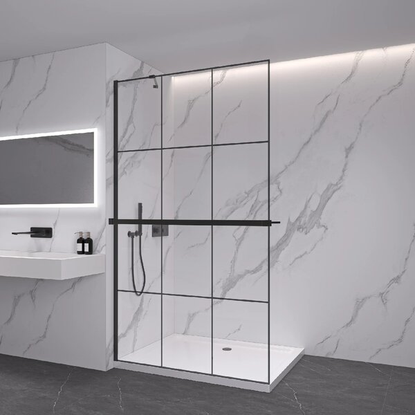 CERANO - Sprchová zástena Walk-in Onyx YL/P - 8 mm + polička/držiak na uteráky - čierna matná, industriálne sklo - 90x200 cm