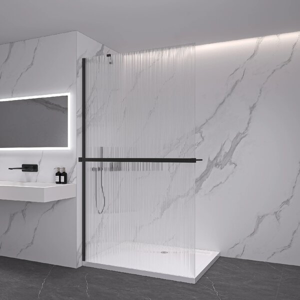 CERANO - Sprchová zástena Walk-in Onyx YL/P - 8 mm + polička/držiak na uteráky - čierna matná, ryhované sklo - 50x200 cm