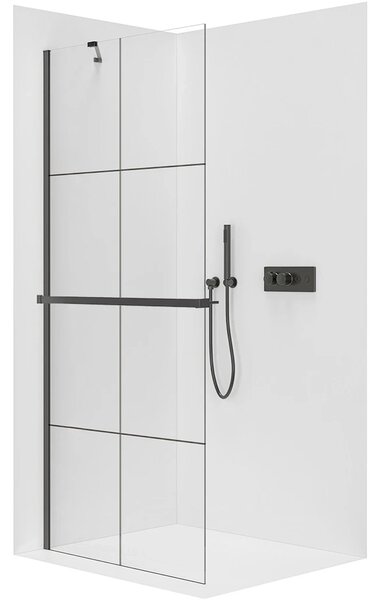 CERANO - Sprchová zástena Walk-in Onyx YL/P - 8 mm + polička/držiak na uteráky - čierna matná, industriálne sklo - 90x200 cm