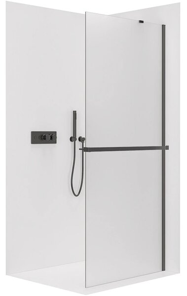 CERANO - Sprchová zástena Walk-in Onyx YL/P - 8 mm - guľatá vzpera + polička/držiak na uteráky - čierna matná, mliečne sklo - 30x200 cm