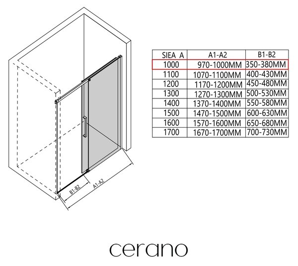CERANO - Sprchovací kút Lantono - pravá - 8 mm - Soft-Close - čierna matná, mliečne sklo - 100x70 cm - posuvný