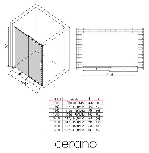 CERANO - Sprchové posuvné dvere Lantono - ľavá - 8 mm - Soft-Close - chróm, mliečne sklo - 100x195 cm