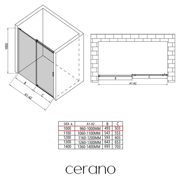 CERANO - Sprchové posuvné dvere Santoro Ľ/P - 6 mm - chróm, transparentné sklo - 100x195 cm