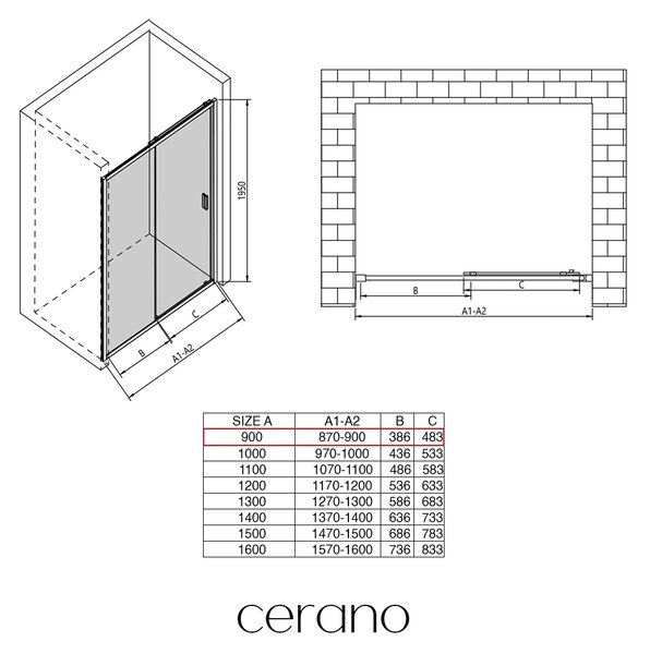 CERANO - Sprchové posuvné dvere Varone LINE Ľ/P - 6 mm - čierna matná, mliečne sklo - 90x195 cm