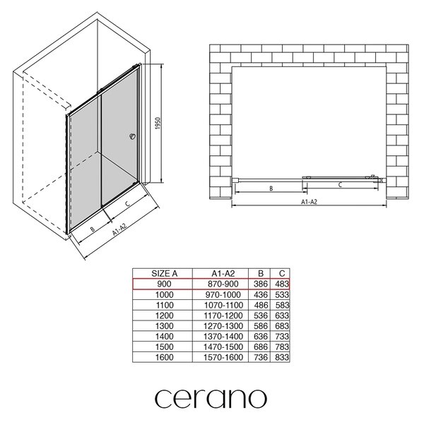 CERANO - Sprchové posuvné dvere Varone POINT Ľ/P - 6 mm - čierna matná, transparentné sklo - 90x195 cm