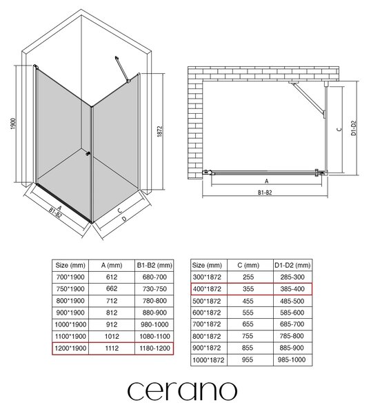 CERANO - Sprchovací kút Antelo L/P - 6 mm - čierna matná, transparentné sklo - 120x40x190 cm - otočný