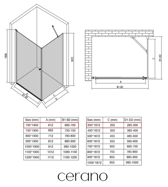 CERANO - Sprchovací kút Antelo L/P - 6 mm - čierna matná, transparentné sklo - 70x30x190 cm - otočný