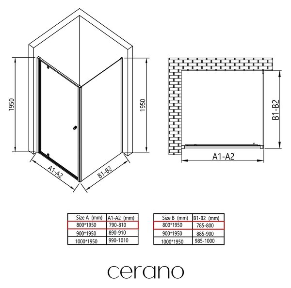 CERANO - Sprchovací kút Ferri Ľ/P - 6 mm - čierna matná, transparentné sklo - 80x80x195 cm - pivotový