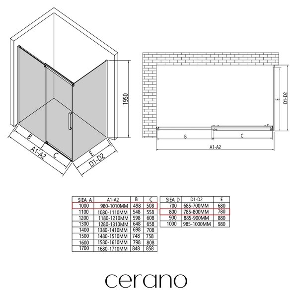 CERANO - Sprchovací kút Lantono L/P - 8 mm - Soft-Close - čierna matná, transparentné sklo - 100x80x195 cm - posuvný