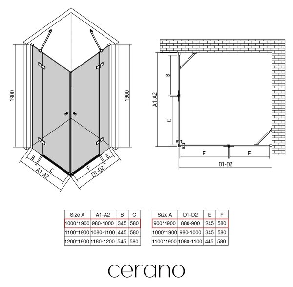 CERANO - Sprchovací kút Marino Duo L/P - 6 mm - chróm, transparentné sklo - 100x90x190 cm - pántový