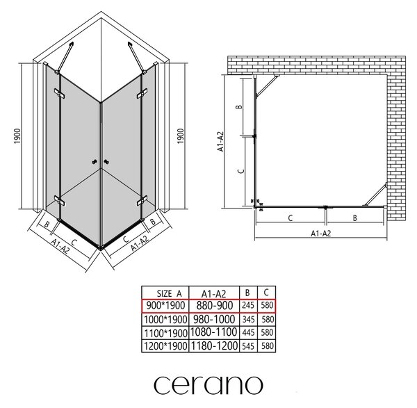 CERANO - Sprchovací kút Marino Duo Ľ/P - 6 mm - chróm, transparentné sklo - 90x90x190 cm - pántový